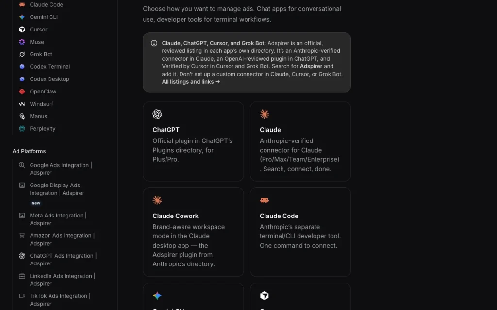 Adspirer documentación — captura de pantalla de la herramienta de IA productividad y escritura, Oct 2, 2026