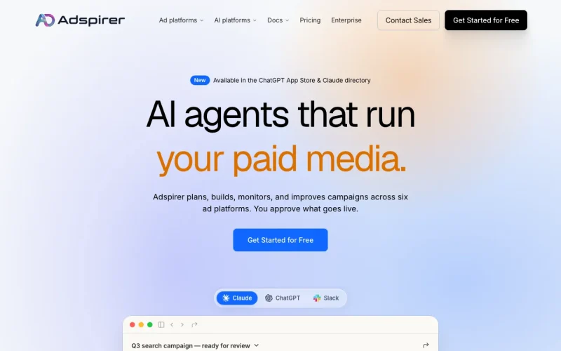 Adspirer homepage screenshot, productivity & writing AI tool
