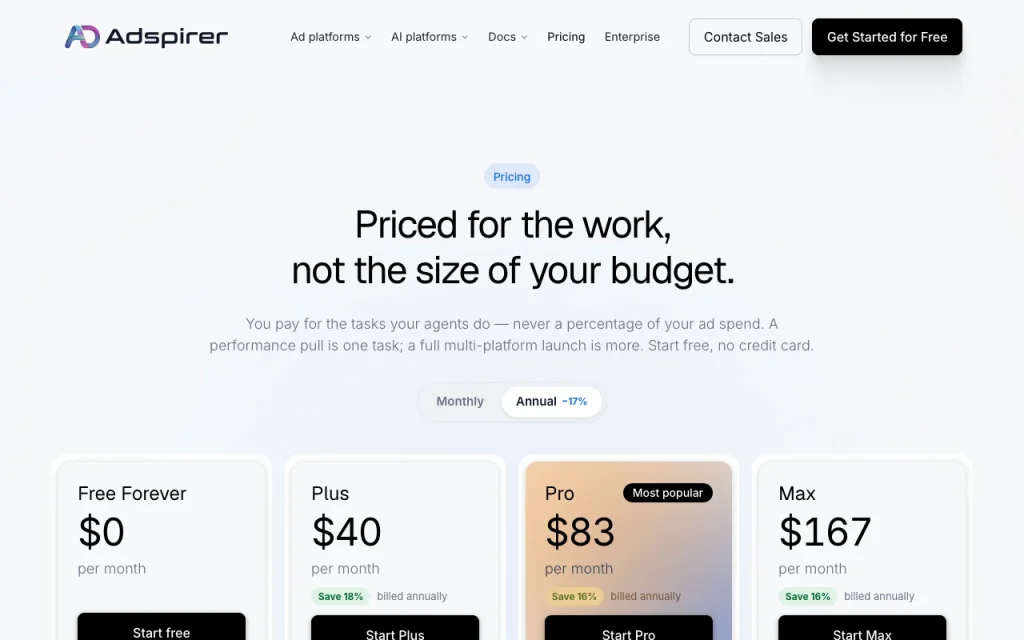 Adspirer página de precios con planes y precios — captura de pantalla de la herramienta de IA productividad y escritura, Oct 2, 2026
