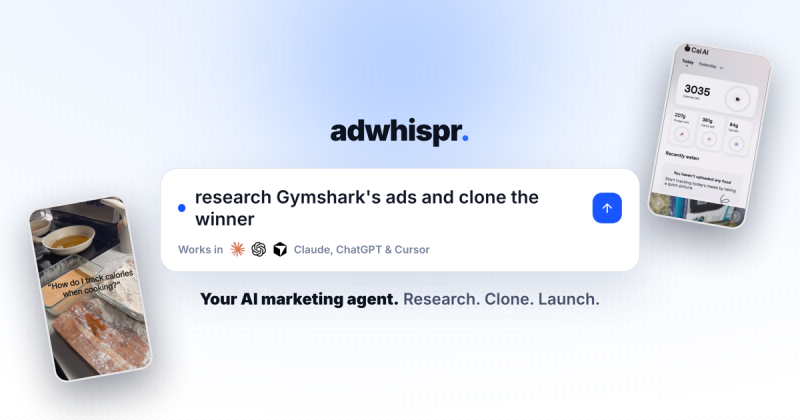 AdWhispr homepage screenshot, productivity & writing AI tool