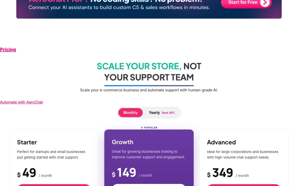 AeroChat página de precios con planes y precios — captura de pantalla de la herramienta de IA asistentes de chat, Oct 2, 2026