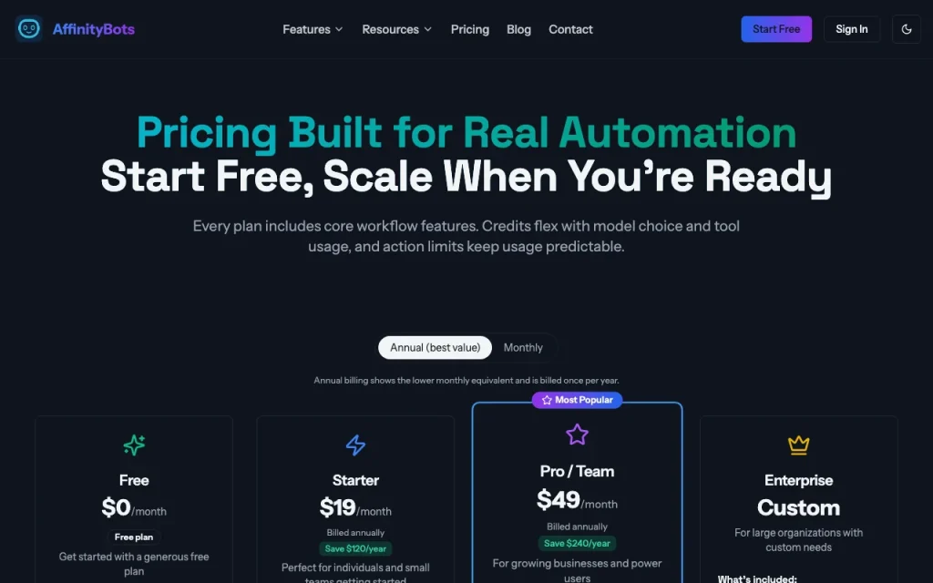 AffinityBots pricing page with plans and prices — screenshot of the productivity & writing AI tool, Oct 2, 2026