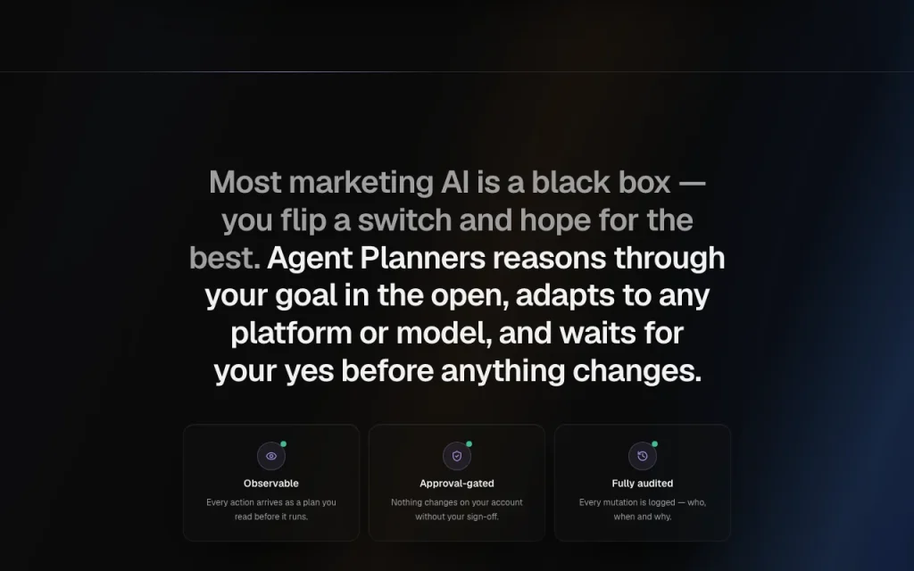 Agent Planners página principal — captura de pantalla de la herramienta de IA productividad y escritura, Oct 1, 2026