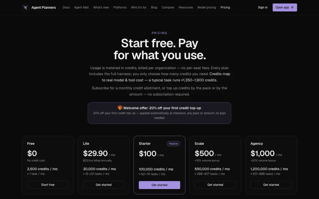 Agent Planners página de precios con planes y precios — captura de pantalla de la herramienta de IA productividad y escritura, Oct 1, 2026