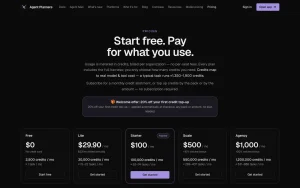 Agent Planners pricing page with plans and prices — screenshot of the productivity & writing AI tool, 2026-10-01
