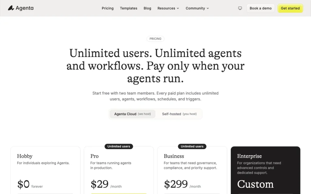 Agenta pricing page with plans and prices — screenshot of the productivity & writing AI tool, Oct 2, 2026