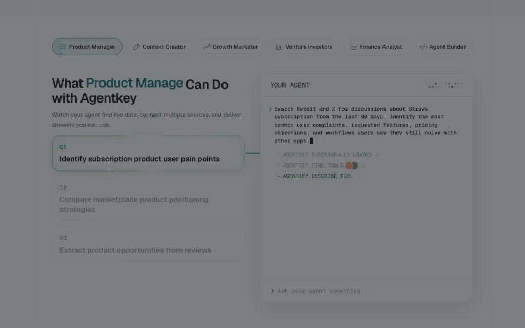 AgentKey homepage — screenshot of the research & search AI tool, Oct 2, 2026