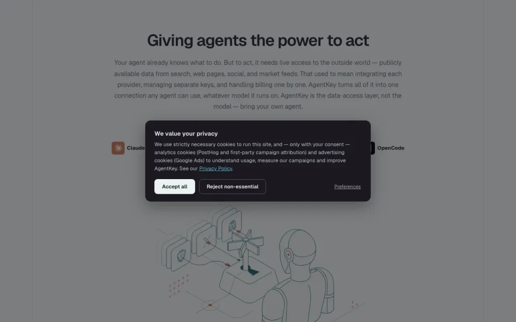 AgentKey homepage — screenshot of the research & search AI tool, Oct 2, 2026