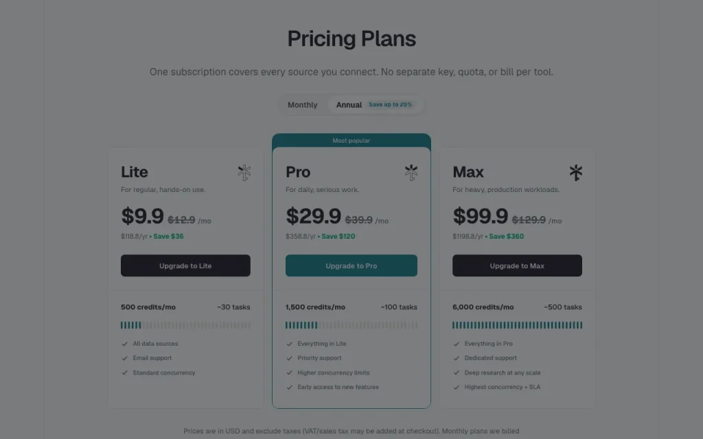 AgentKey pricing page with plans and prices — screenshot of the research & search AI tool, Oct 2, 2026