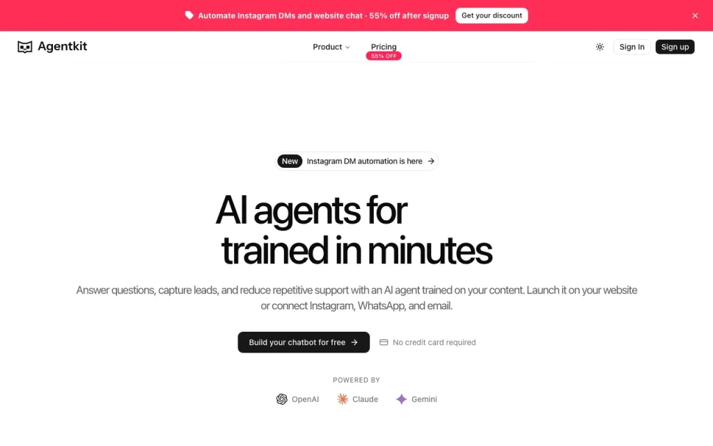 Agentkit page d'accueil — capture d'écran de l'outil d'IA assistants de chat, Oct 1, 2026