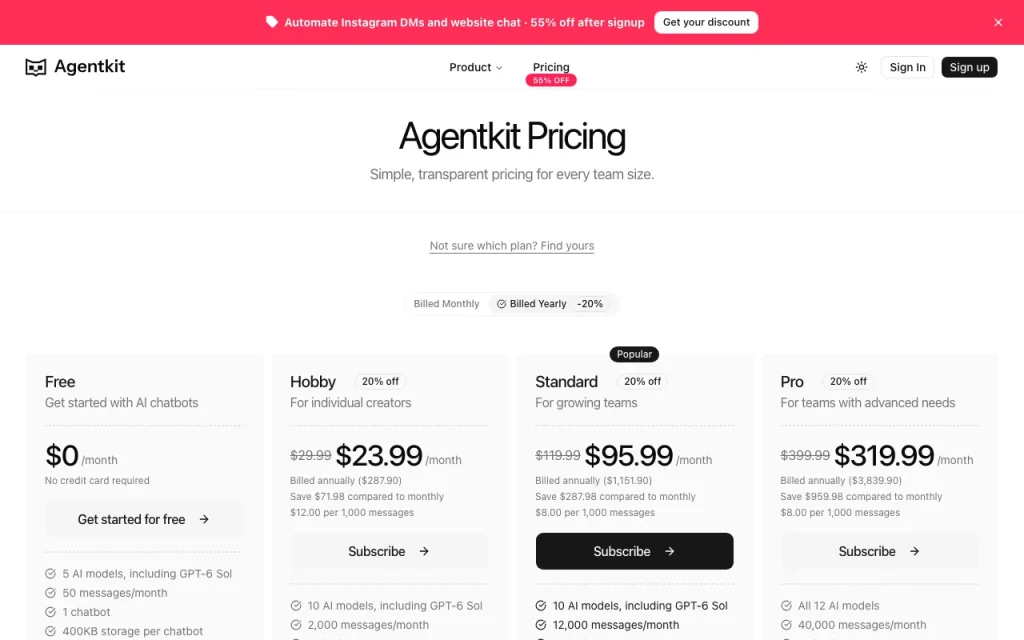 Agentkit pricing page with plans and prices — screenshot of the chat assistants AI tool, Oct 1, 2026