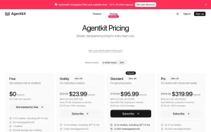Agentkit pricing page with plans and prices — screenshot of the chat assistants AI tool, 2026-10-01