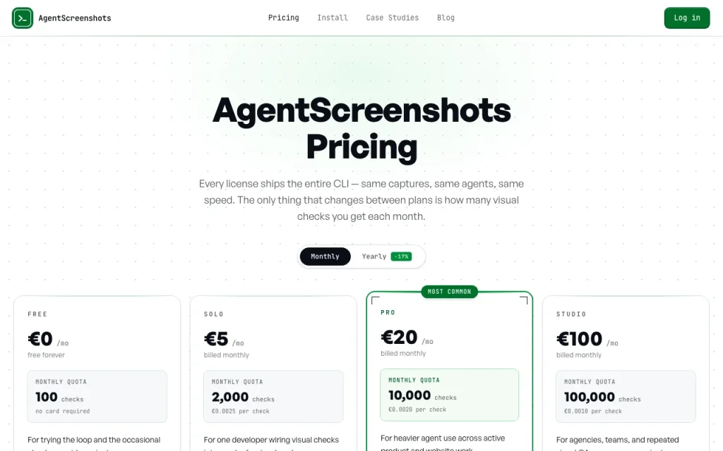 AgentScreenshots pricing page with plans and prices — screenshot of the coding AI tool, Oct 2, 2026