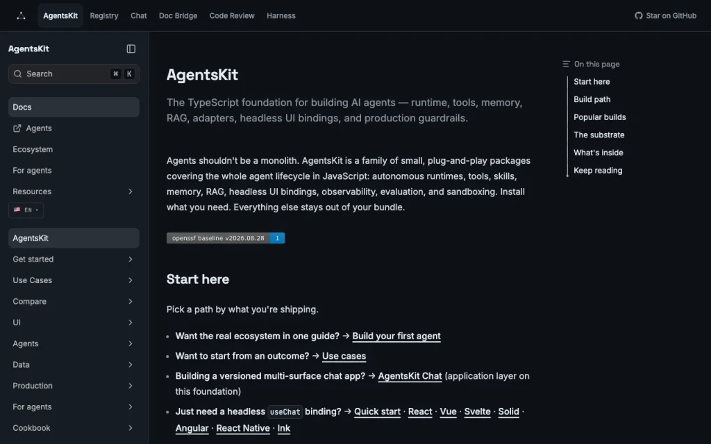 AgentsKit.js documentación — captura de pantalla de la herramienta de IA programación, Oct 2, 2026