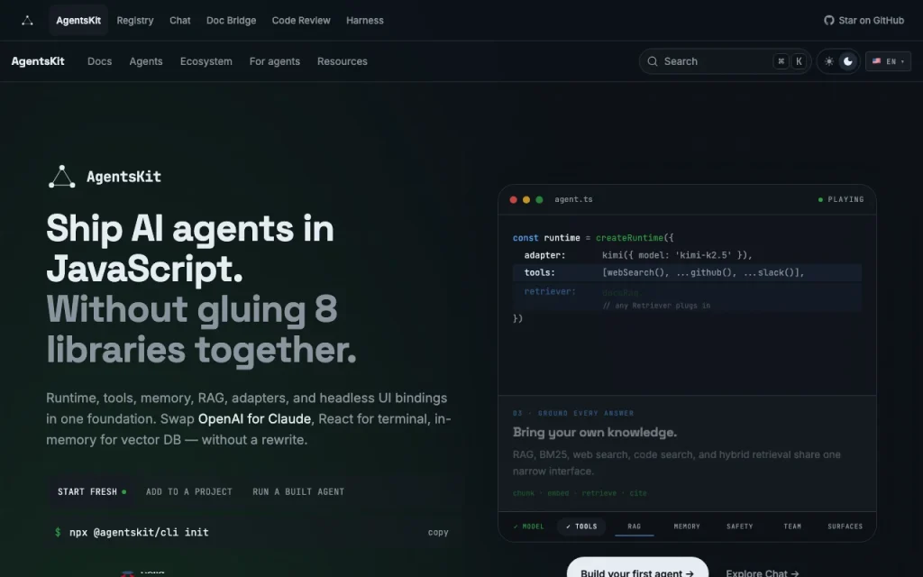 Captura de la página de inicio de AgentsKit.js, herramienta de IA programación