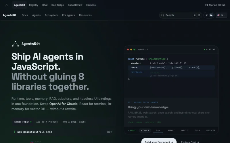 AgentsKit.js homepage screenshot, coding AI tool