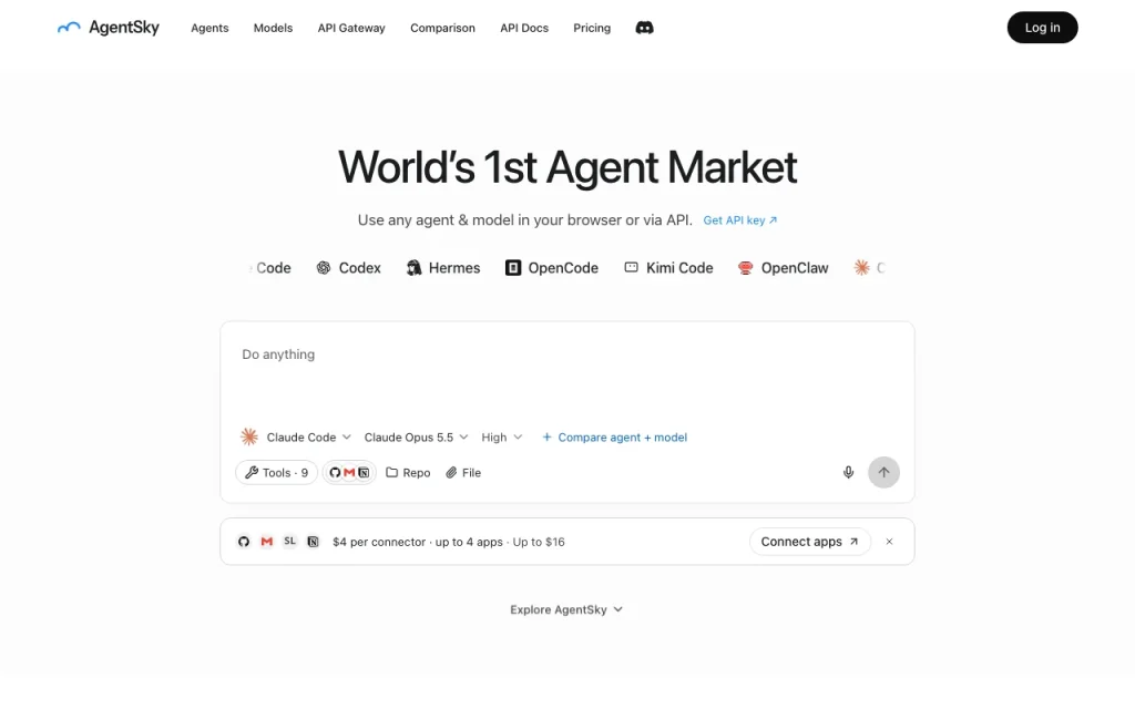 AgentSky page d'accueil — capture d'écran de l'outil d'IA programmation, Oct 1, 2026