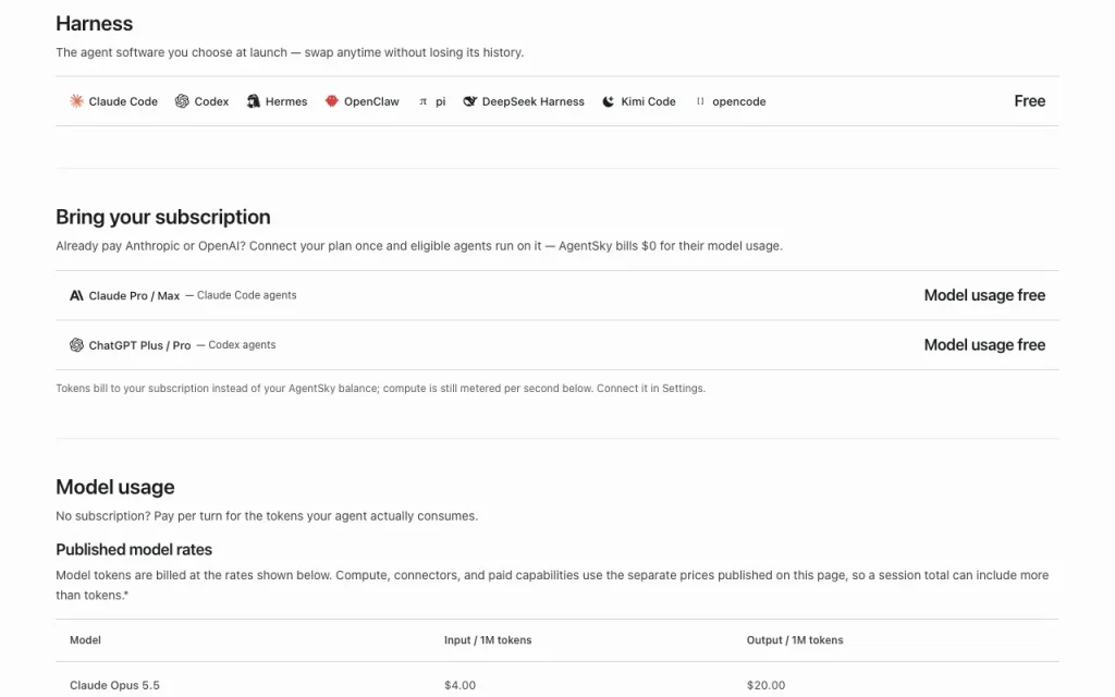 AgentSky pricing page with plans and prices — screenshot of the coding AI tool, Oct 1, 2026