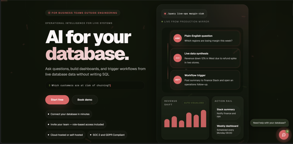 AI for Database homepage screenshot, productivity & writing AI tool