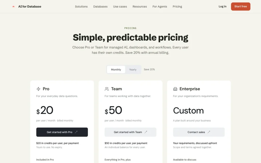 AI for Database pricing page with plans and prices — screenshot of the productivity & writing AI tool, Oct 1, 2026