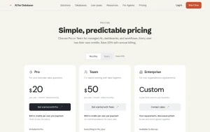 AI for Database pricing page homepage screenshot, productivity & writing AI tool