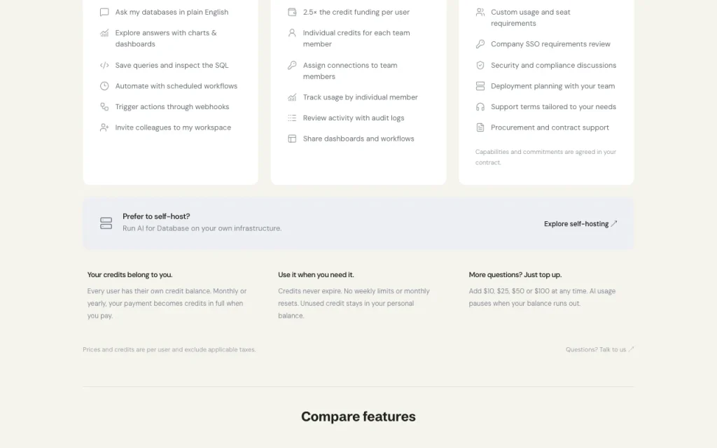 AI for Database pricing page with plans and prices — screenshot of the productivity & writing AI tool, Oct 1, 2026