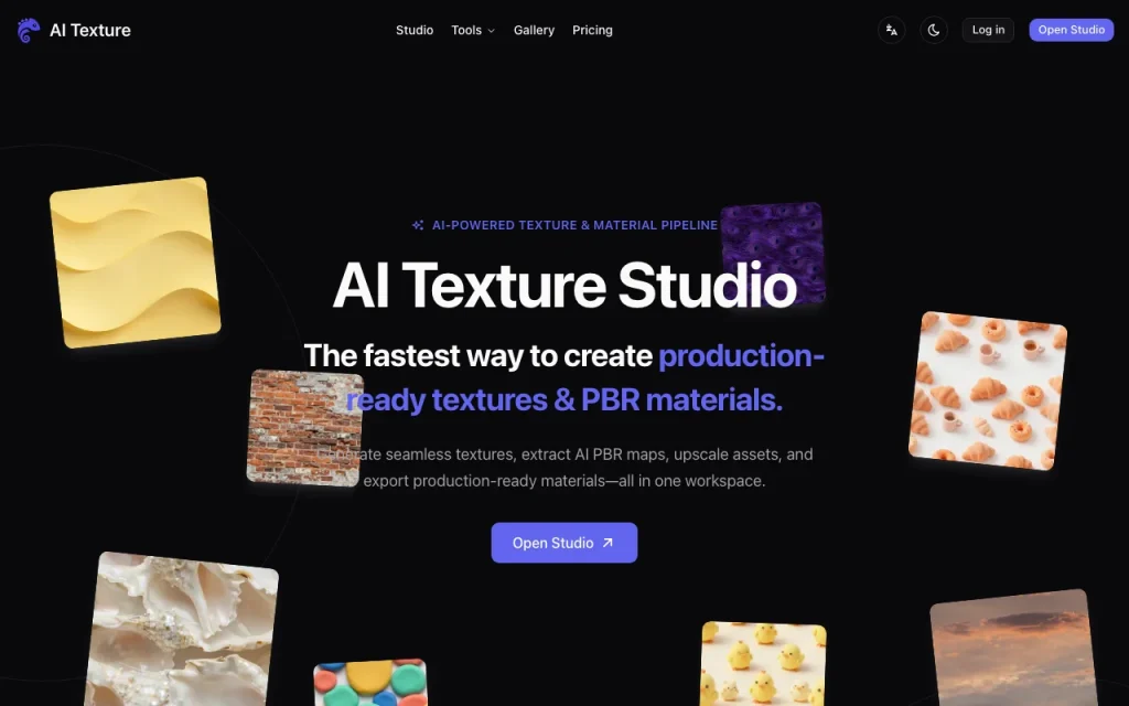 AI Texture Studio homepage — screenshot of the image generation AI tool, Oct 1, 2026