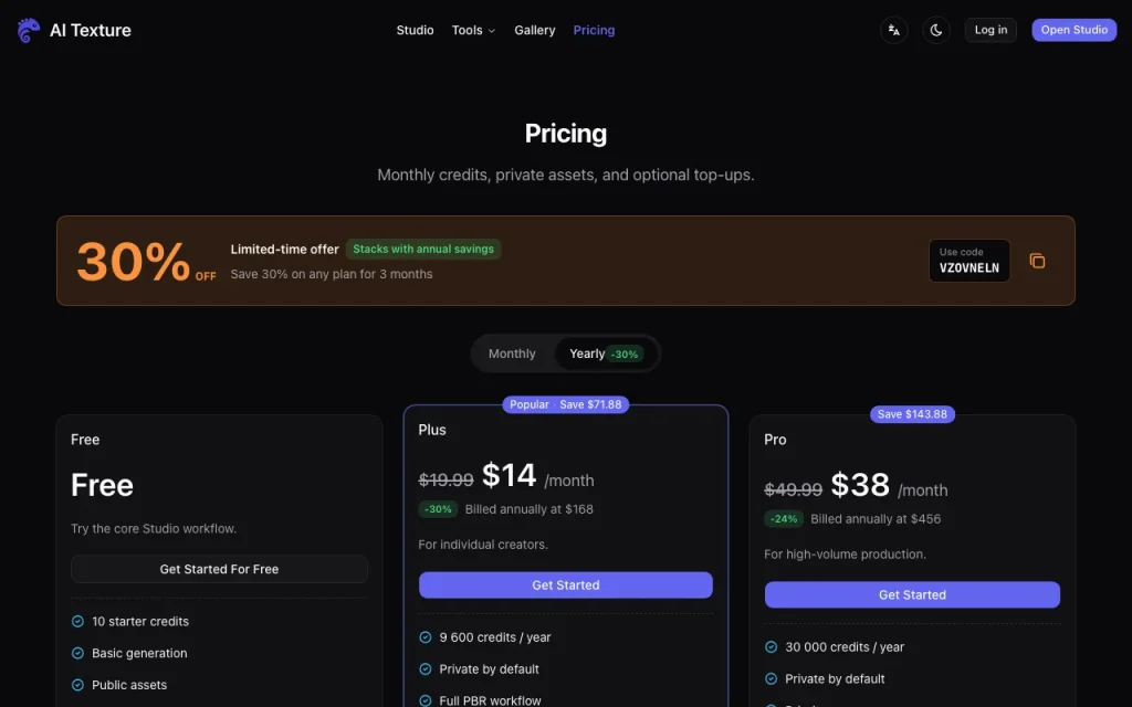 AI Texture Studio página de precios con planes y precios — captura de pantalla de la herramienta de IA generación de imágenes, Oct 1, 2026