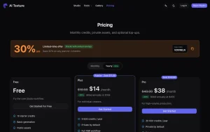 AI Texture Studio pricing page with plans and prices — screenshot of the image generation AI tool, 2026-10-01