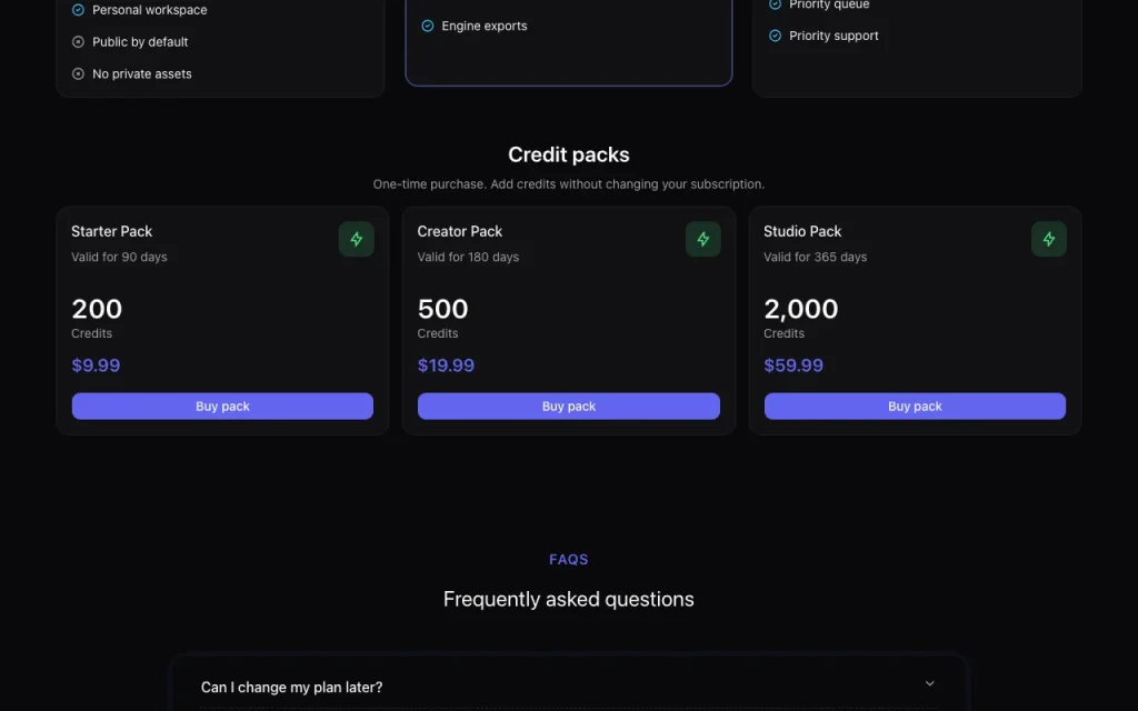 AI Texture Studio página de precios con planes y precios — captura de pantalla de la herramienta de IA generación de imágenes, Oct 1, 2026