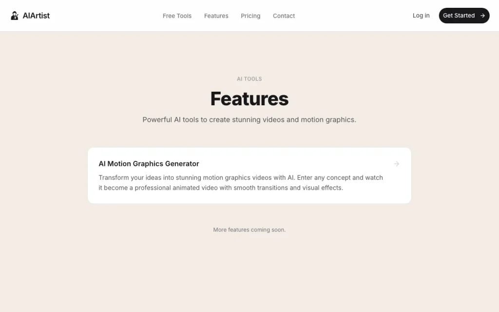AIArtist features page — screenshot of the video AI tool, Oct 2, 2026