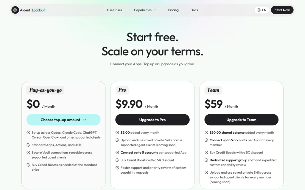 Aident Loadout (Aident AI) pricing page with plans and prices — screenshot of the productivity & writing AI tool, Oct 2, 2026
