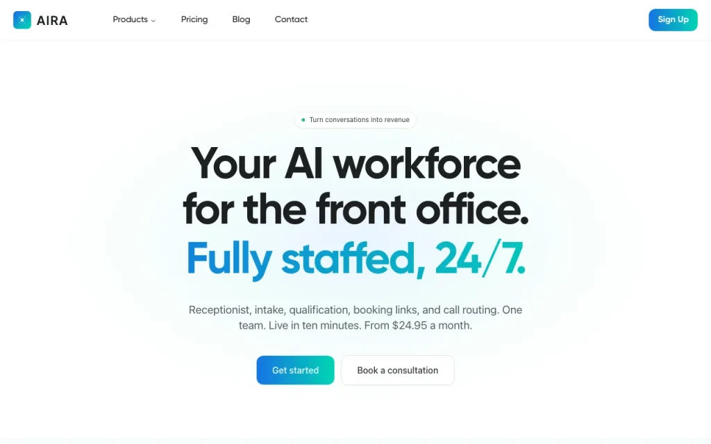 Aira homepage screenshot, productivity & writing AI tool