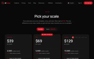AITuber pricing page with plans and prices — screenshot of the video AI tool, 2026-10-01