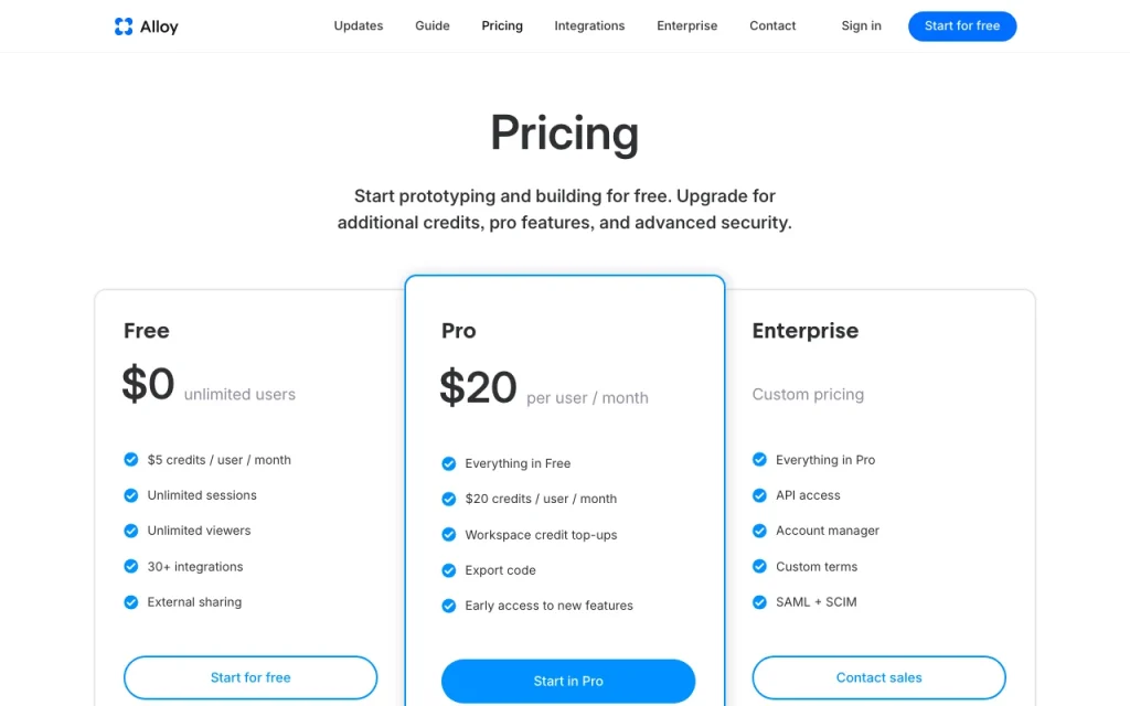 Alloy pricing page with plans and prices — screenshot of the coding AI tool, Oct 2, 2026