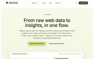AllyHub features page — screenshot of the research & search AI tool, 2026-10-01