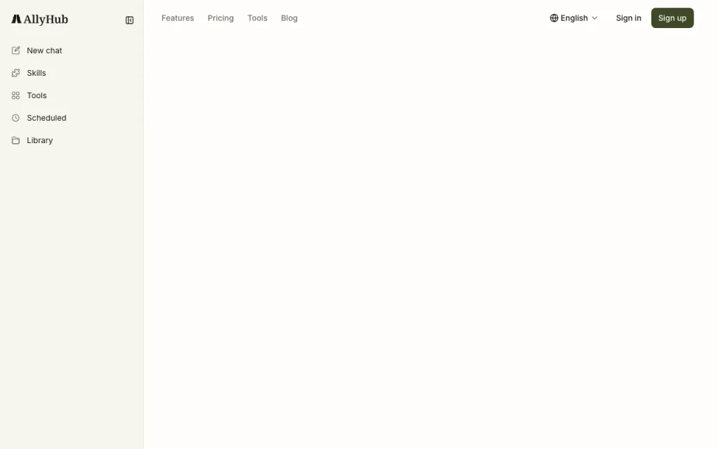AllyHub página principal — captura de pantalla de la herramienta de IA investigación y búsqueda, Oct 1, 2026