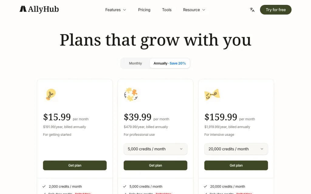 AllyHub página de precios con planes y precios — captura de pantalla de la herramienta de IA investigación y búsqueda, Oct 1, 2026
