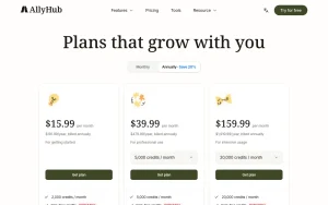AllyHub pricing page with plans and prices — screenshot of the research & search AI tool, 2026-10-01