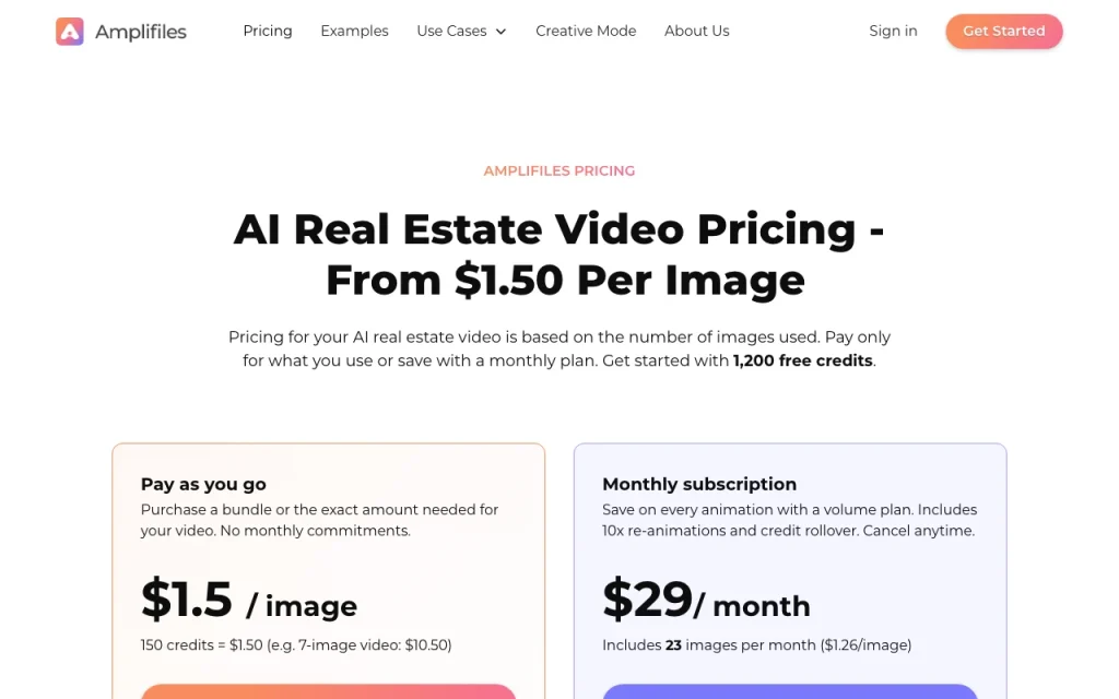 Amplifiles pricing page with plans and prices — screenshot of the video AI tool, Oct 2, 2026