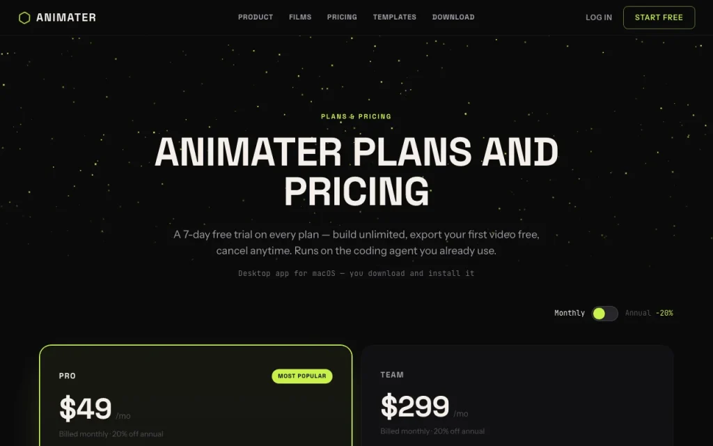 Animater página de precios con planes y precios — captura de pantalla de la herramienta de IA video, Oct 1, 2026