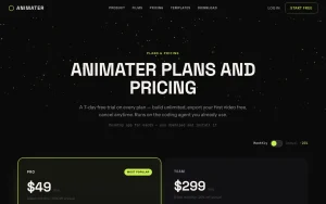 Animater pricing page with plans and prices — screenshot of the video AI tool, 2026-10-01