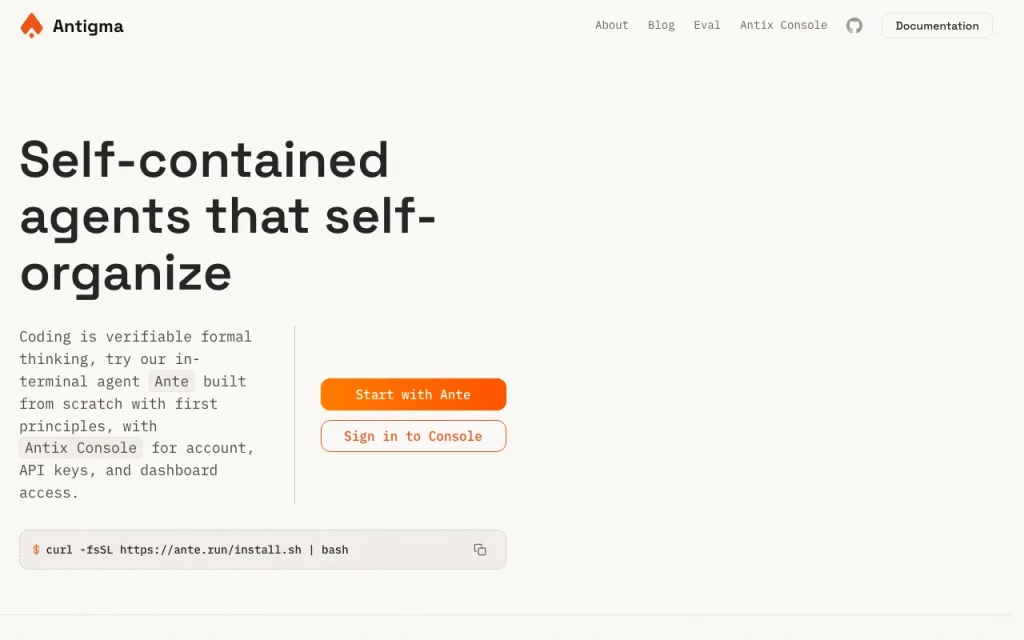 Antigma (Ante coding agent) homepage screenshot, coding AI tool