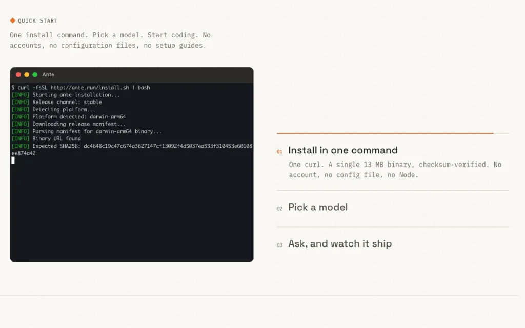 Antigma (Ante coding agent) homepage — screenshot of the coding AI tool, Oct 2, 2026