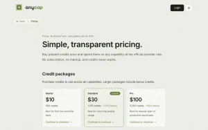 AnyCap pricing page homepage screenshot, coding AI tool