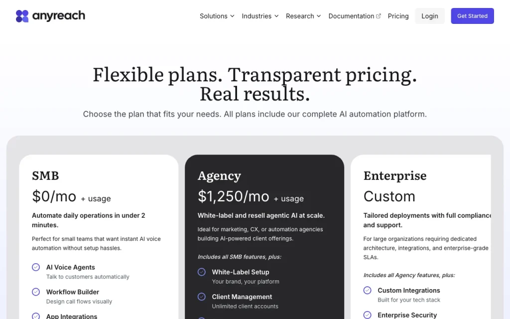 Anyreach page de tarifs avec offres et prix — capture d'écran de l'outil d'IA productivité et rédaction, Oct 2, 2026