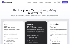Anyreach pricing page with plans and prices — screenshot of the productivity & writing AI tool, 2026-10-02