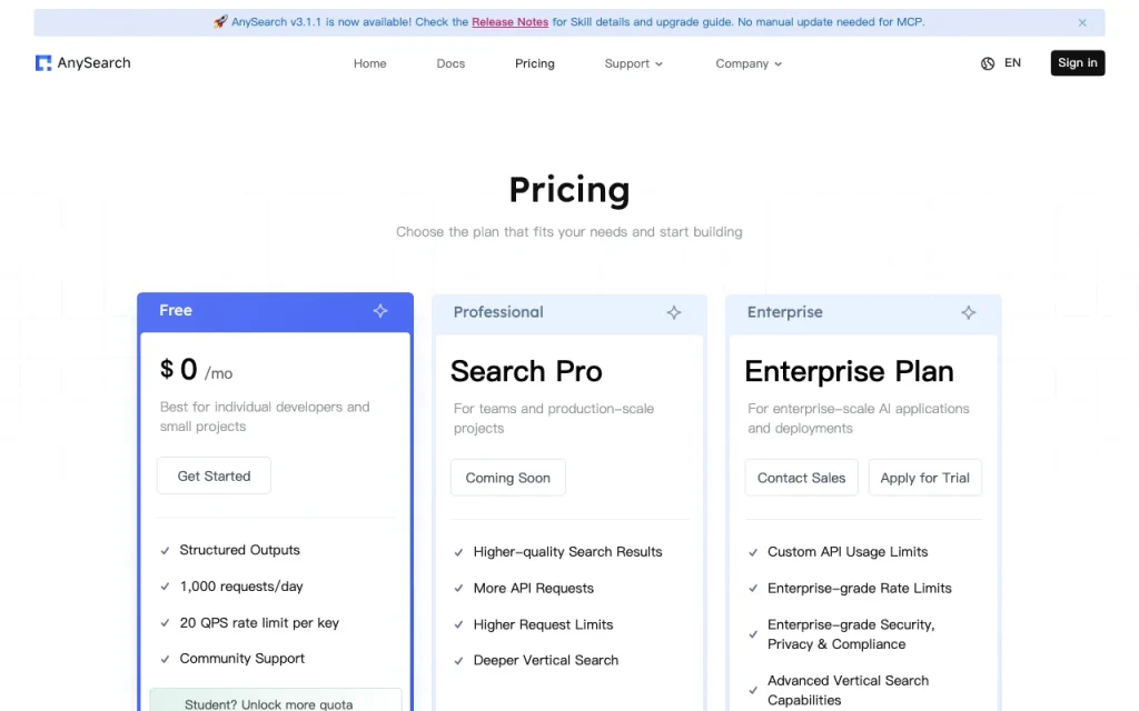 AnySearch página de precios con planes y precios — captura de pantalla de la herramienta de IA investigación y búsqueda, Oct 2, 2026