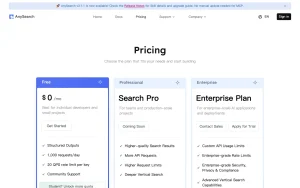 AnySearch pricing page with plans and prices — screenshot of the research & search AI tool, 2026-10-02