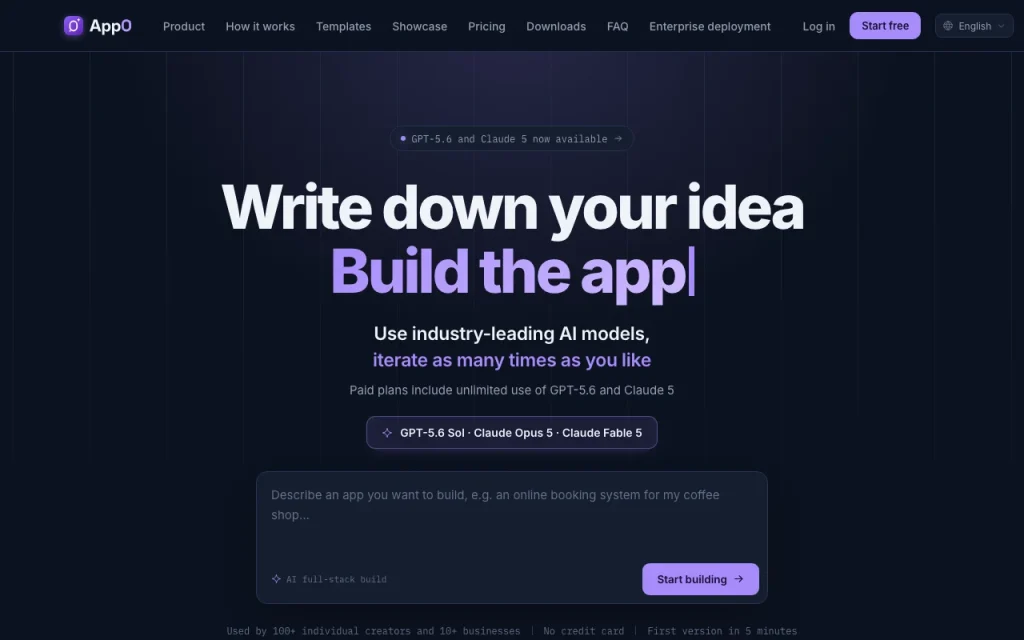 App0 homepage screenshot, coding AI tool